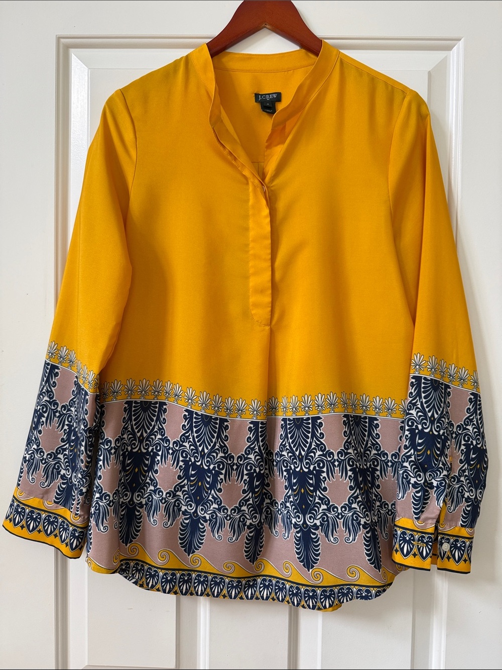 J. Crew Yellow Tunic with Navy and Blush Border Print